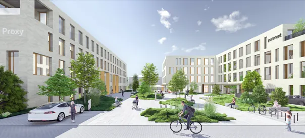 Computergrafik eines Platzes mit Neubauten, Bäumen und Radfahrer, rechts ein Gebäude mit ipartment-Schriftzug