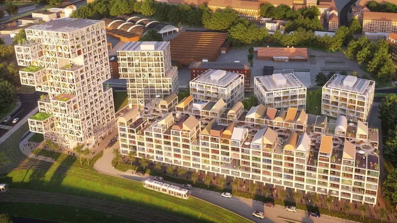 Luftbild des hinteren Gebäude-Ensembles mit drei nebeneinanderliegenden Kuben über dem verbindenden Sockelbau