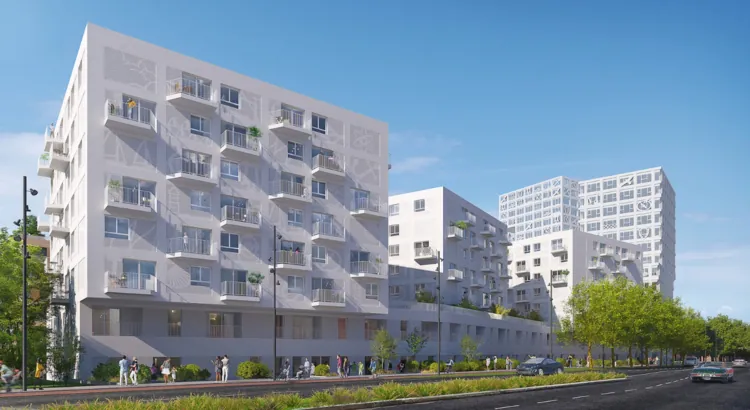 Vorderansicht des Gebäude-Ensembles mit dem verbindenden Erdgeschoss unter den drei Kuben, in dem die ipartments liegen