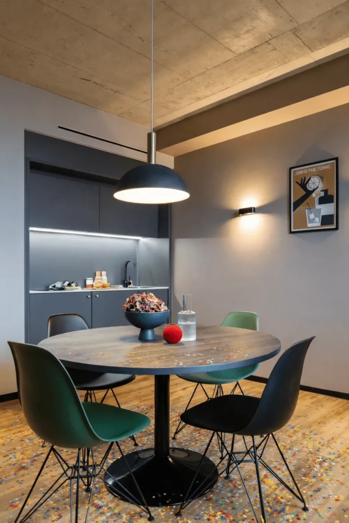 Runder Esstisch mit grünen und schwarzen Stühlen in einem Apartment, auf dem Holzboden liegt Konfetti