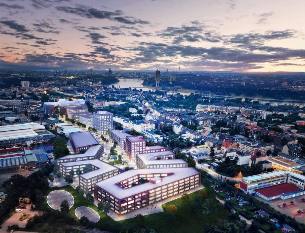 Visualization of the I/D Cologne urban district at dusk from the air, Mülheim, Cologne