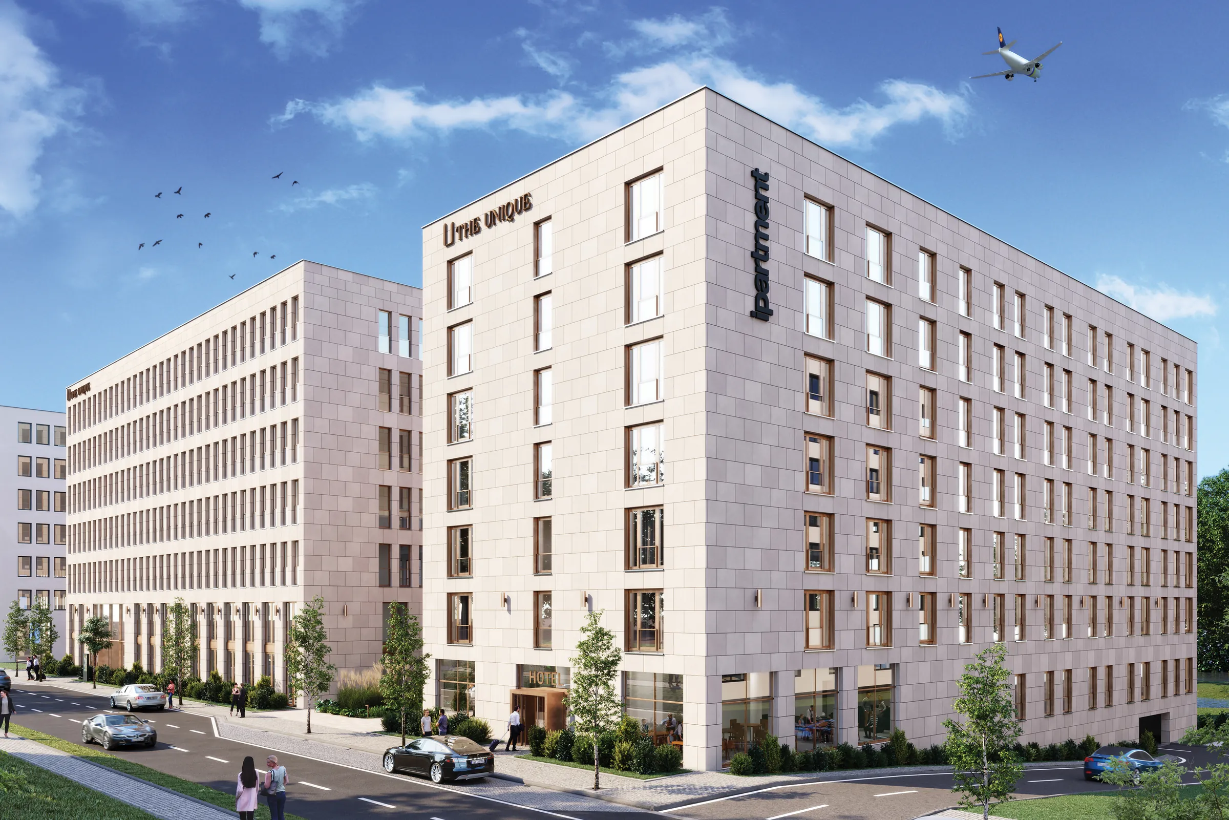 Visualisierung des Gebäudeensembles The Unique mit hellem Natursteinbau, einem Flugzeug am Himmel und Straße im Vordergrund