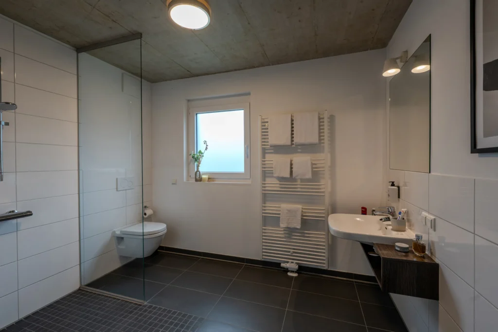 Large bathroom with floor-level shower, toilet, heated towel rail and sink, ipartment Wolfsburg