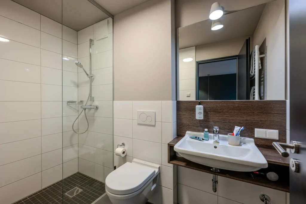 Bathroom with shower behind glass, toilet and sink, ipartment Wolfsburg