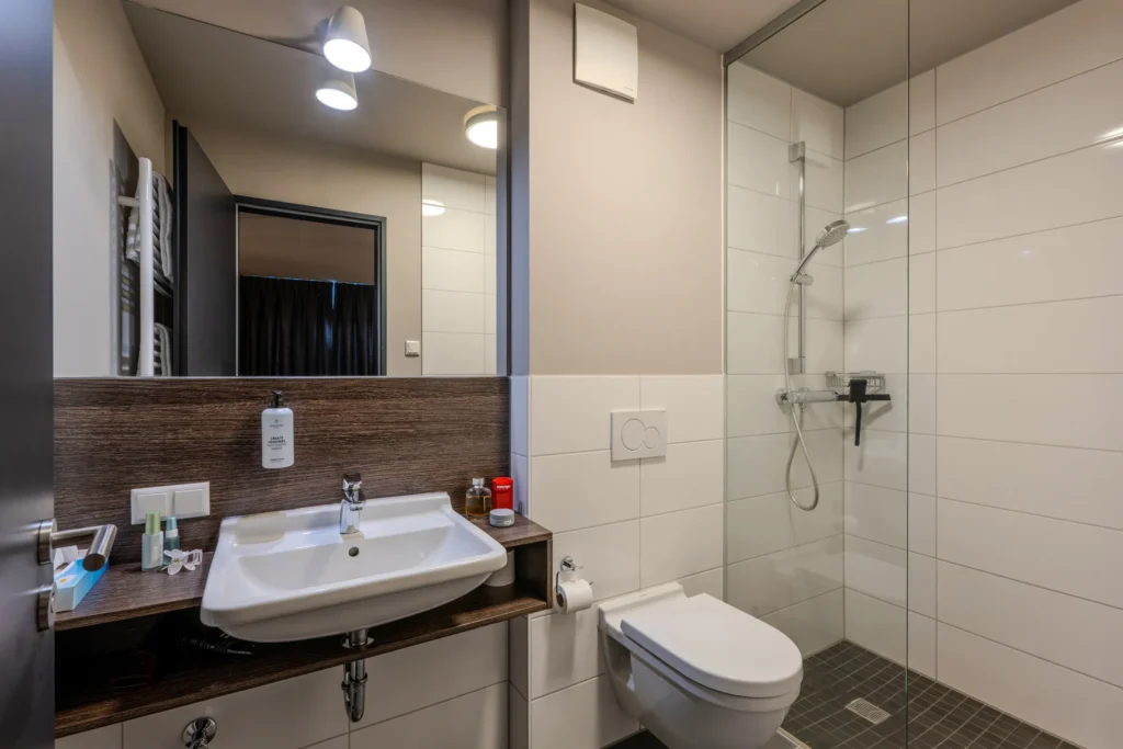 Bathroom with sink, mirror and floor-level shower, ipartment Wolfsburg