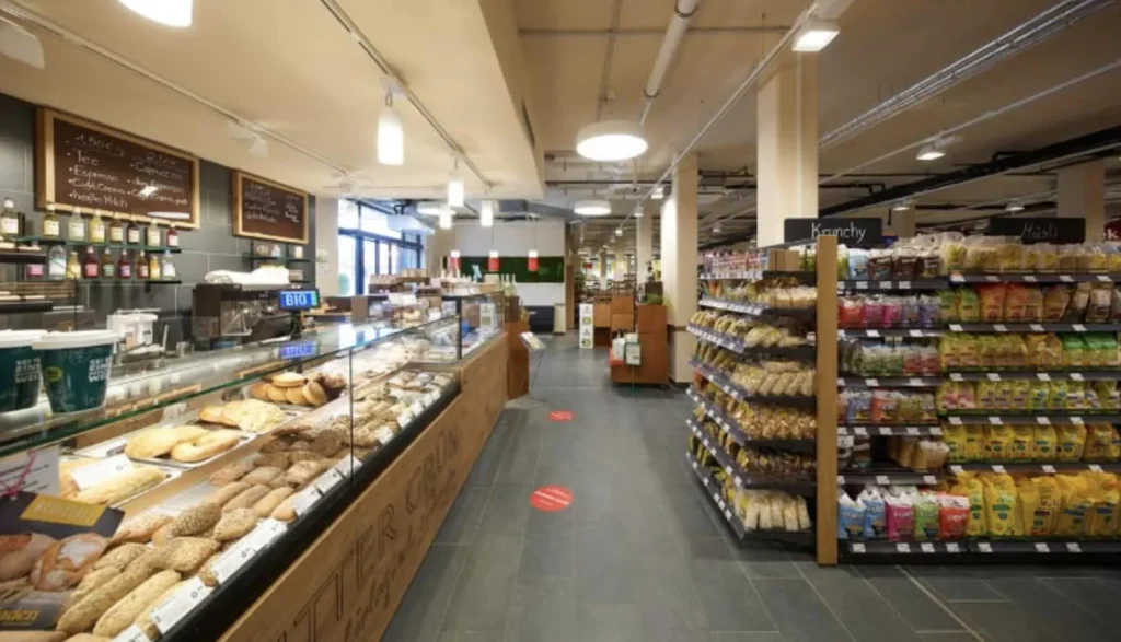 Grocery store and shelves with organic food at Mutter Grün Bio Supermarket in Wolfsburg-Vorsfelde