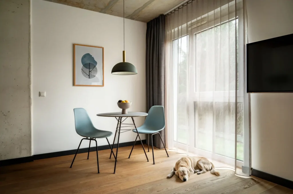 Ein Hund schläft im Vordergrund eines minimalistischen Essbereichs mit bodentiefen Fenstern.